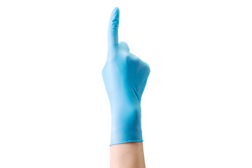 Doctor's hand in sterile medical gloves pointing up isolated on white