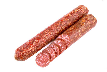 Smoked sausage salami isolated on a white background