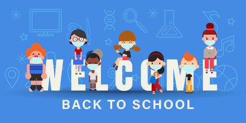 Kids wearing face mask during Covid-19 pandemic. Back to school banner illustration
