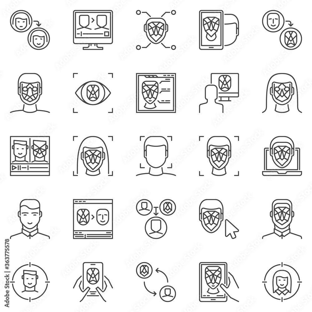 Fototapete Face Recognition and Authentication outline icons set. Vector Deepfake technology concept symbols. Facial Recognition and verification linear signs