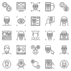 Face Recognition and Authentication outline icons set. Vector Deepfake technology concept symbols. Facial Recognition and verification linear signs