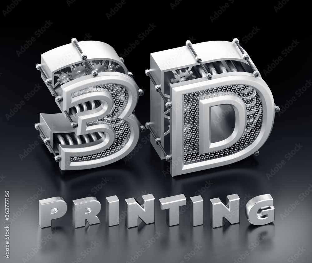 Poster 3d printing typography. three-dimensional font characters, which are represents abstract mechanisms 