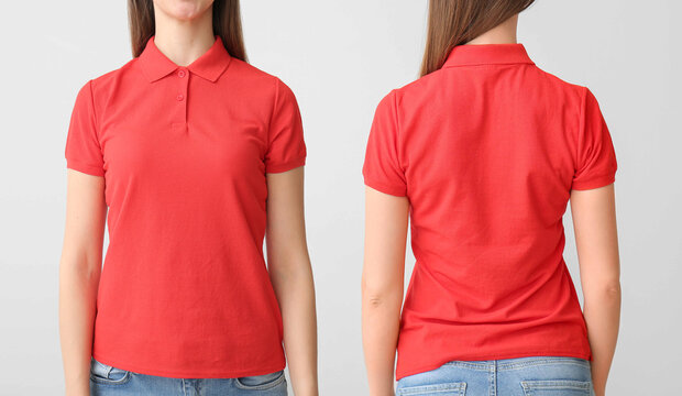 Beautiful Young Woman In Stylish Polo Shirt On Light Background. Front And Back View