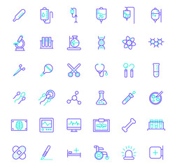 Set of hospital and medical icons line style. It contains such Icons as emergency, wheelchair, surgery, patch, experiment, bone, cell, stethoscope, biology and other elements.