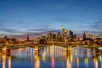 The famous skyline of Frankfurt in Germany at twilight
