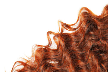 Curly red hair on white background