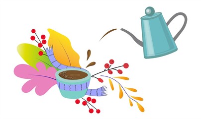 Autumn leaves and tea sets.
Fragrant and healthy tea with herbs and berries.
Autumn decorative composition,
Vector isolated design.