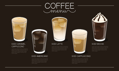 Coffee menu vector illustration with different ice coffee drink types on dark background