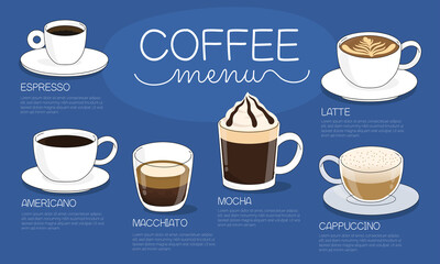 Coffee menu vector illustration with different hot coffee drink types on blue background