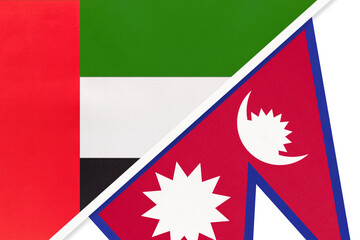 United Arab Emirates or UAE and Nepal, symbol of national flags from textile. Championship between two countries.