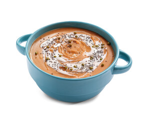 Pot of tasty lentils soup on white background