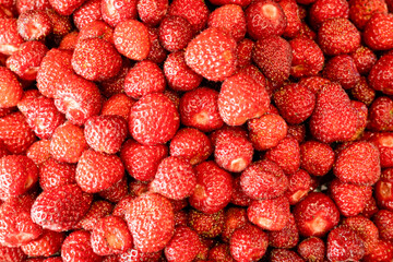 Image of red tasty strawberries. Side view. Closeup