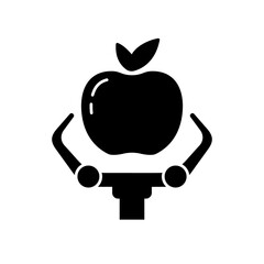 Silhouette Farming robot logo. Outline icon of apple and robotic claw. Black simple illustration of automation, harvesting machinery, agricultural drone. Flat isolated vector image on white background