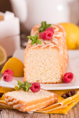 Lemon sponge cake with pomegranate.
