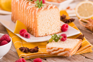 Lemon sponge cake with pomegranate.
