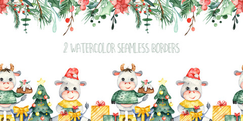 Watercolor seamless Christmas border with cute bulls