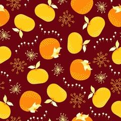 Chinese seamless pattern of gold orange and persimmon. Oriental background for new year in flat style. Juicy asian golden fruits for greetings, fabric, packaging print. Vector illustration design.