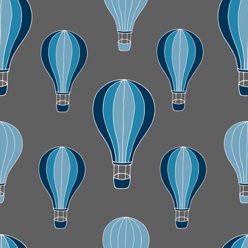 Seamless pattern with blue balloons isolated on grey background. Hand drawn design. Vector eps 10 © Elena