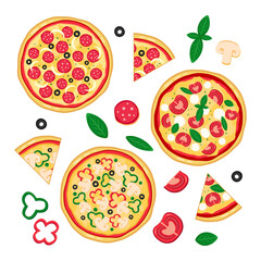 Collection of fresh pizza with slices and ingredients. Vector isolated set on white background.
