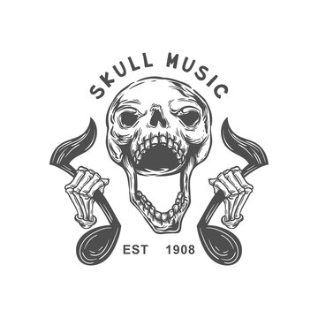 skull holding on musical notes and screaming. Vector human skull music lover isolated on white illustration
