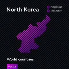 Vector abstract map of North Korea with violet striped texture and striped dark background