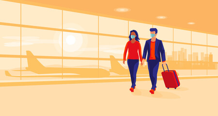 Young man and woman traveler wearing face masks with luggage walking at airport gate terminal lounge traveling during pandemic outbreak. Airplanes behind the glass window. New normal holiday vacation.
