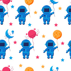 Naklejka premium Cute space seamless pattern. Stars, spacemans, planets, comets on background.