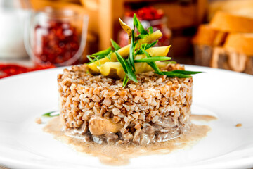 Boiled buckwheat chicken in creamy mushroom sauce