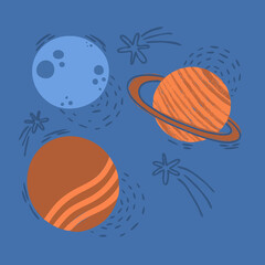 Planets of different sizes and colors in space with comets drawn in childrens style. Unrealistic illustration of the cosmos with the planets. Vector illustration in the Doodle style.