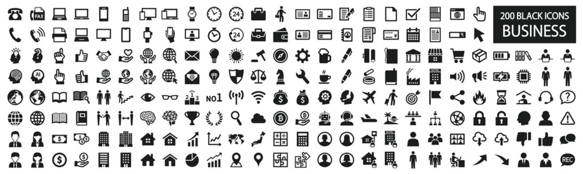 Simple black and white icon set for business