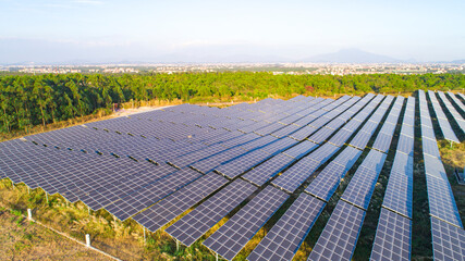 Aerial photography of modern large-scale photovoltaic solar panels.
