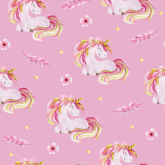 Cute watercolor seamless pattern with unicorn. Nursery unicorns illustration.