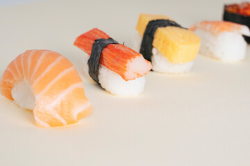 Japanese shushi set on white background.