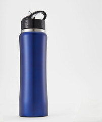 Full length blue aluminium waterbottle. Isolated on white background.