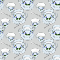 Creative composition with the image of tea utensils. Items from a tea set in a chaotic order, abstraction. It's time for tea or coffee. Design for printing on paper or fabric. Seamless model.