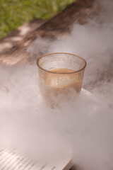 coffe latte cup on a wood table.