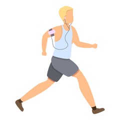 Fototapeta na wymiar Boy running with music player icon. Cartoon of boy running with music player vector icon for web design isolated on white background
