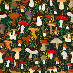 Seamless vector pattern with mushrooms and plants on a green background.