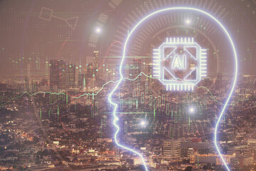 Brain hologram drawing on city scape background Double exposure. Brainstorming concept.
