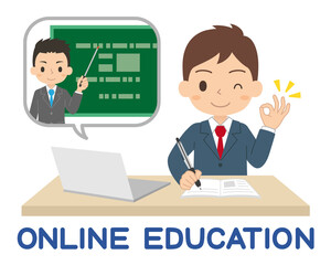 パソコンで勉強する男子学生　オンライン授業　オンライン学習　イラスト
