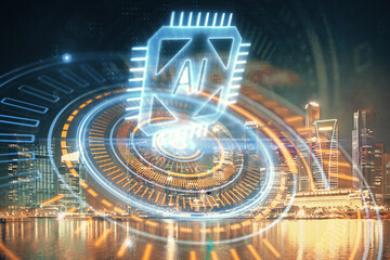 Data theme hologram drawing on city view with skyscrapers background multi exposure. Ai concept.