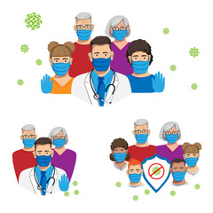 Set of images about the protection of the elderly from the virus. Stop Cornavirus. Vector.