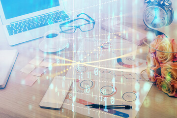 Multi exposure of table with computer on background and data theme drawing. Concept of innovation.