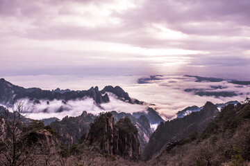 Wonderful and curious sea of clouds and beautiful Huangshan mountain landscape in China.