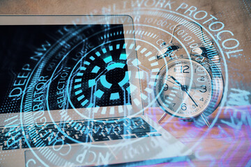 Double exposure of desktop with computer on background and tech theme drawing. Concept of big data.