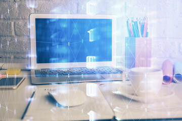 Fototapeta premium Double exposure of desktop with personal computer on background and tech theme drawing. Concept of Bigdata.