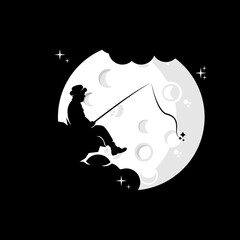 illustration of the moon fishing rod design and an old man