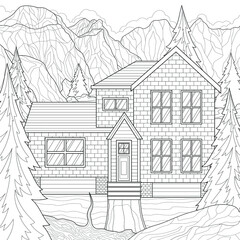 House among mountains and fir trees.Coloring book antistress for children and adults. Illustration isolated on white background.Zen-tangle style.