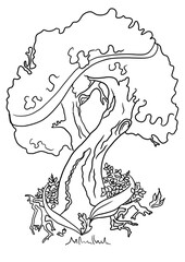 Graphic tree of oak. Coloring page. Tattoo 