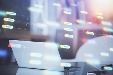 Technology theme drawing and table with computer. Multi exposure. Concept of information.